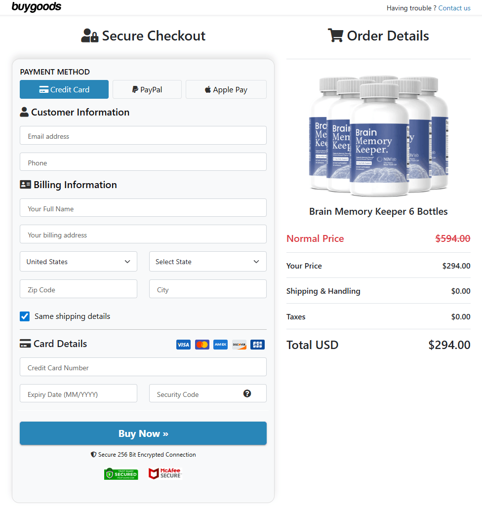 Brain Memory Keeper order form
